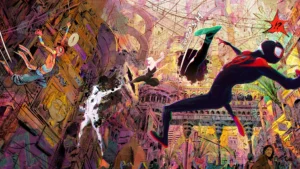 Image of Spider-People battling The Spot in Spider-Man: Across the Spider-Verse.