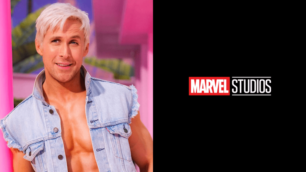 Image of Ryan Gosling from 'BARBIE' Movie and Marvel Studios Logo.