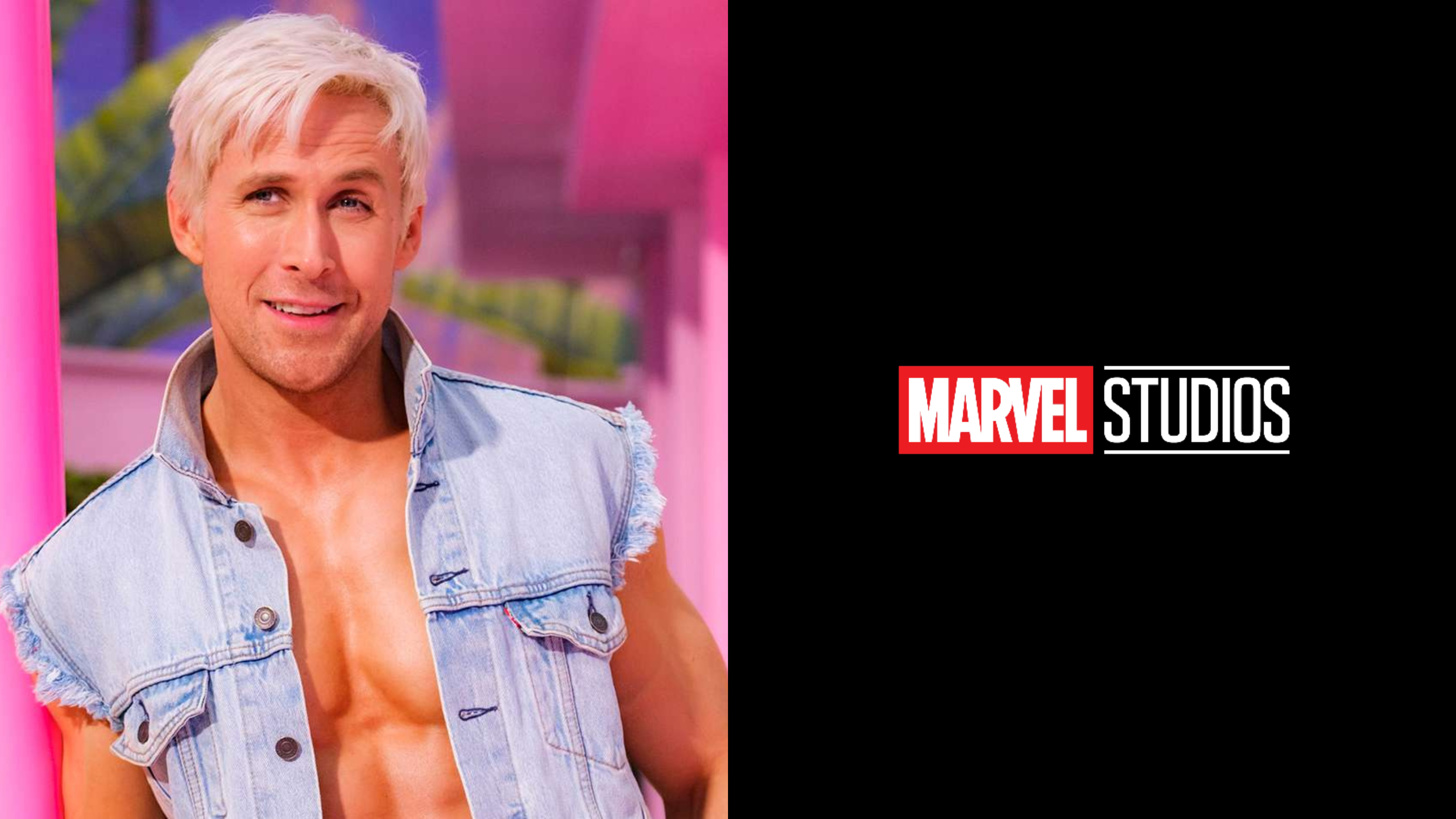 Image of Ryan Gosling from 'BARBIE' Movie and Marvel Studios Logo.