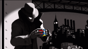 Spider-Man Noir playing with a Rubix Cube in a Black and White World