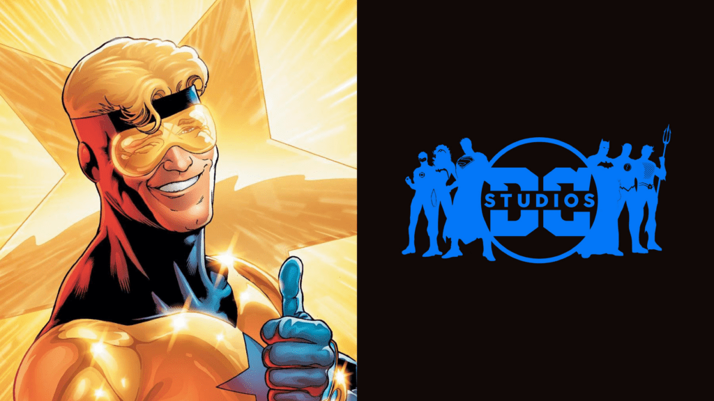 Image of Booster Gold and the DC Studios Logo amidst news that a Booster Gold Actor has been chosen.