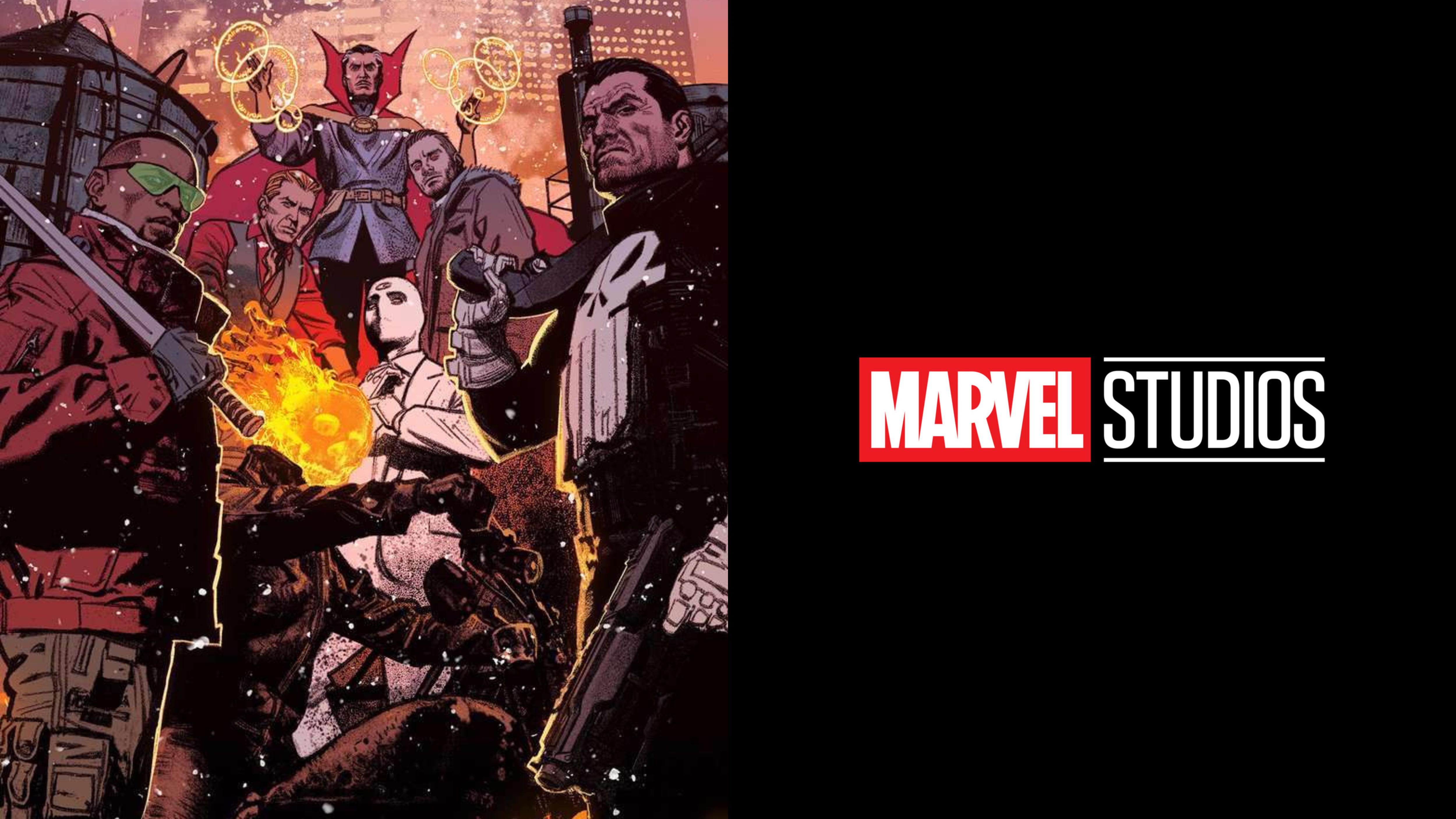 Midnight Sons Comic Art and Marvel Studios Logo amidst rumors of a potential Midnight Sons Movie.