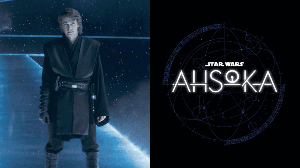 Image of Anakin Skywalker and the logo of 'AHSOKA' amongst rumors that a Hayden Christensen Ahsoka Season 2 reuinion is in place.