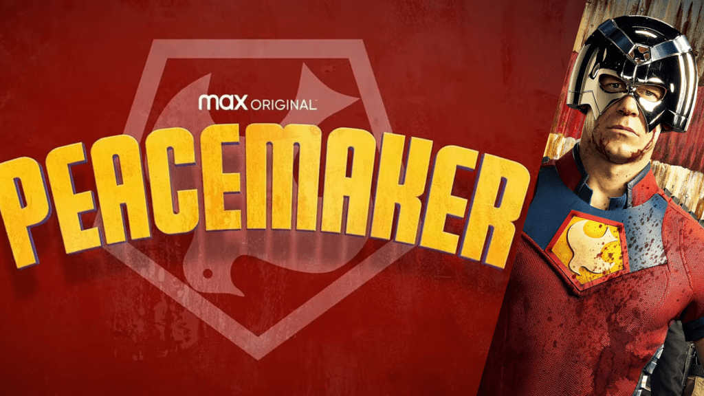 The Logo of Peacemaker and an Image of John Cena's Peacemaker amongst new updates surrounding Peacemaker Season 2