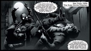 Spider-Man Noir fighting in a comic book panel