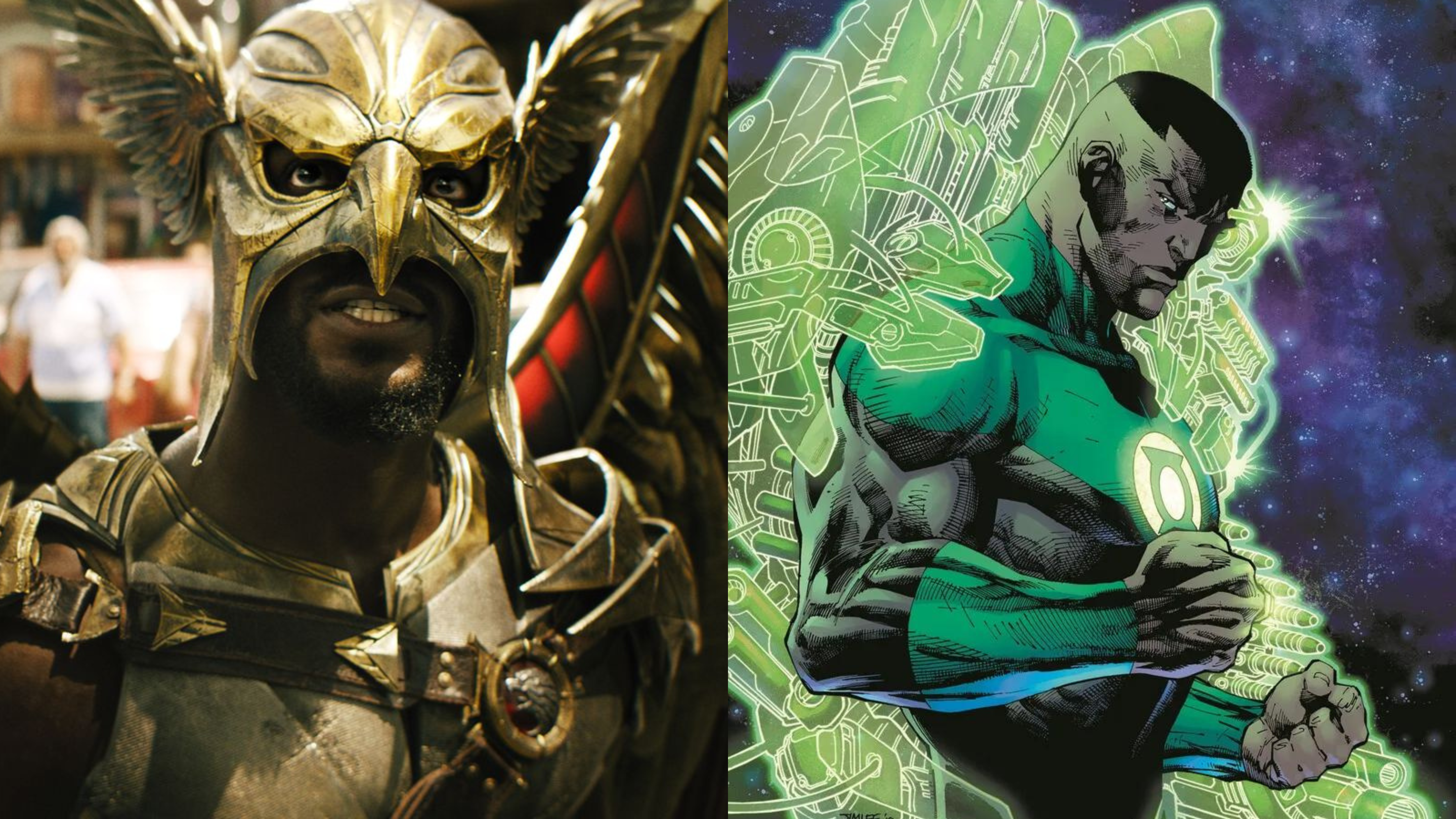 Image of Aldis Hodge as Hawkman in 'BLACK ADAM' and comic art of John Stewart, amongst news of a potential Aldis Hodge Green Lantern.