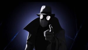 Spider-Verse version of Spider-Man Noir pointing at the camera