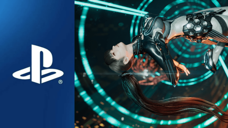 Playstation 5 logo beside a screenshot of Eve, the main character from Stellar Blade who is floating on her back