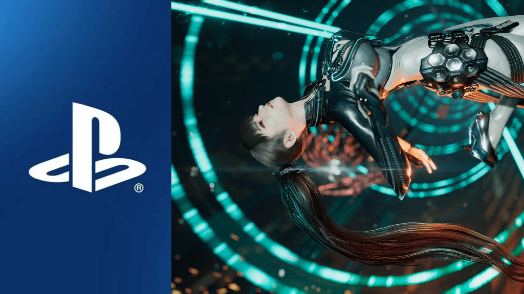 Playstation 5 logo beside a screenshot of Eve, the main character from Stellar Blade who is floating on her back