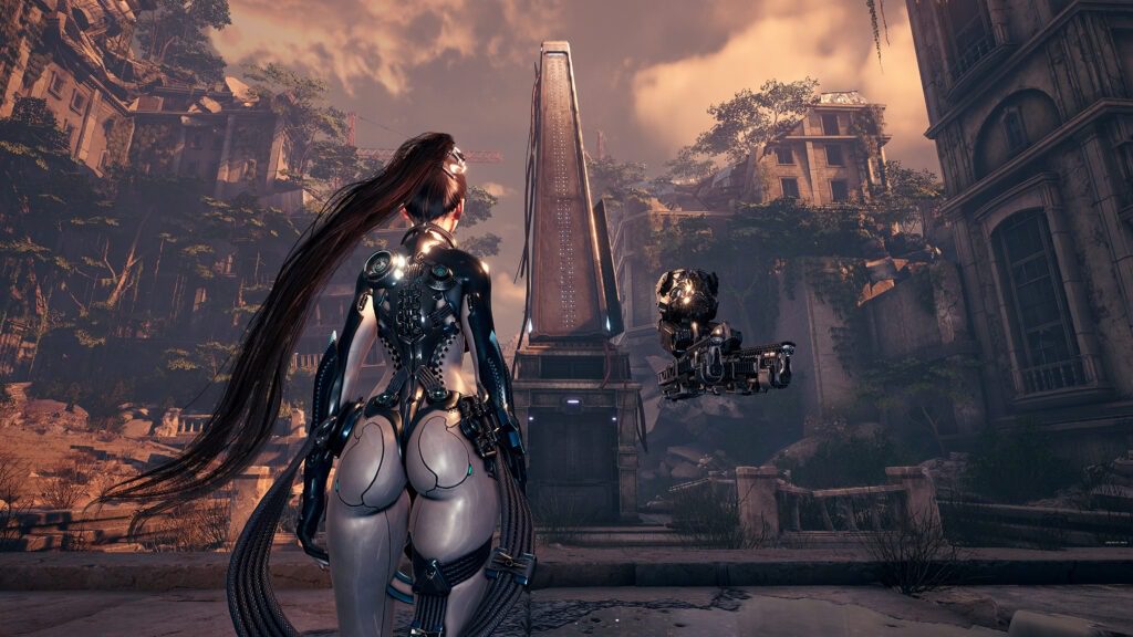 Screenshot of Eve, the main character of Stellar Blade, looking at a pillar